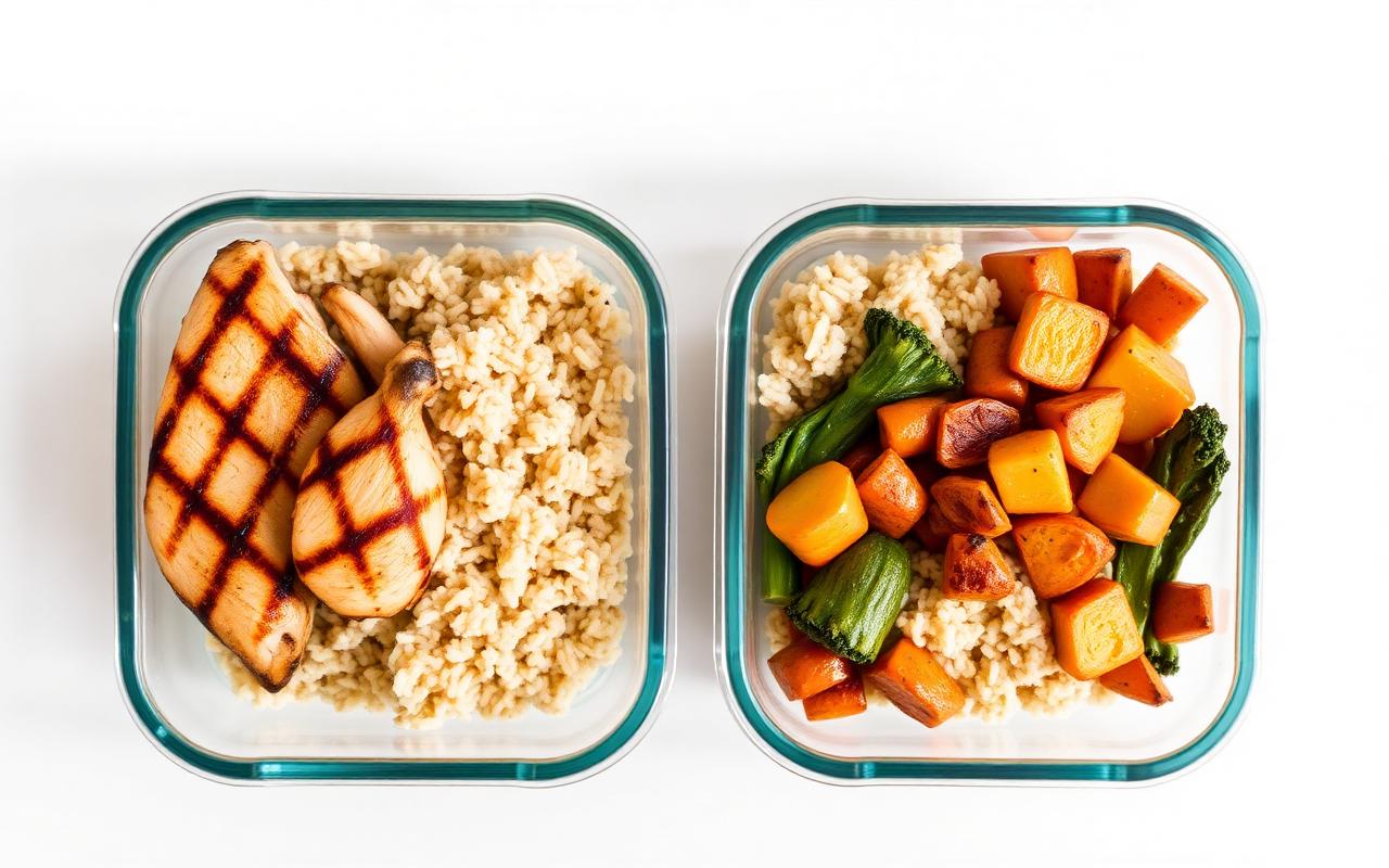 Glass meal-prep containers with chicken, rice, and vegetables