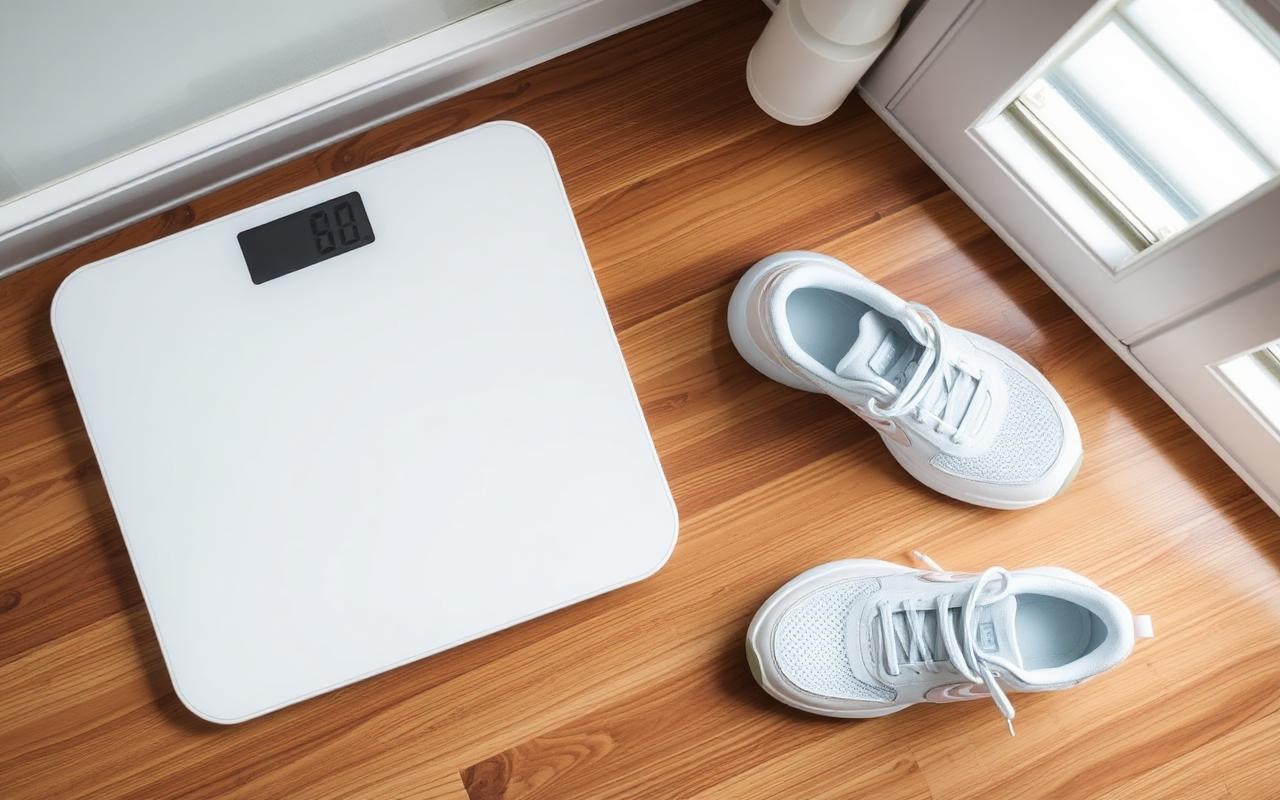 Bathroom scale next to running shoes on a hardwood floor