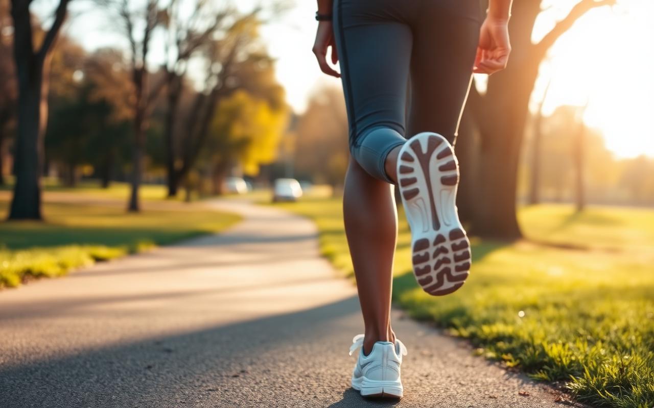 Person walking outdoors on a sunlit path wearing running shoes