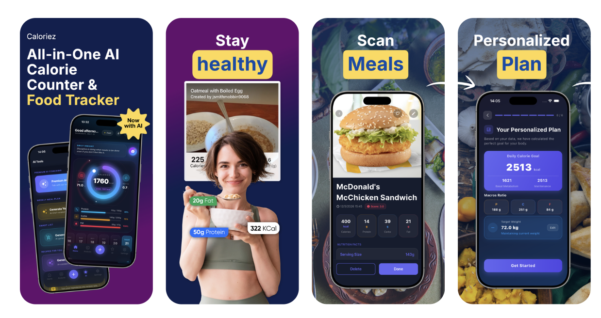 Caloriez AI food scanner and macro tracker dashboard on iPhone
