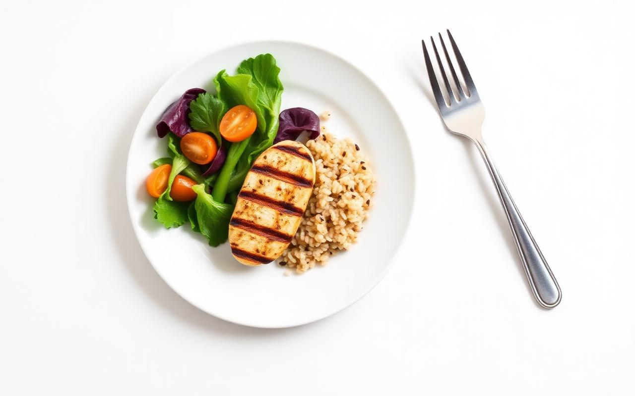 Healthy portioned meal on a white plate with a fork beside it