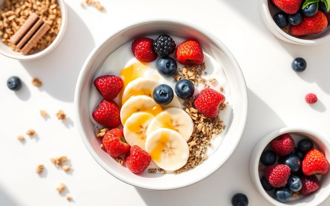 High-protein breakfast bowl with Greek yogurt, berries, and granola