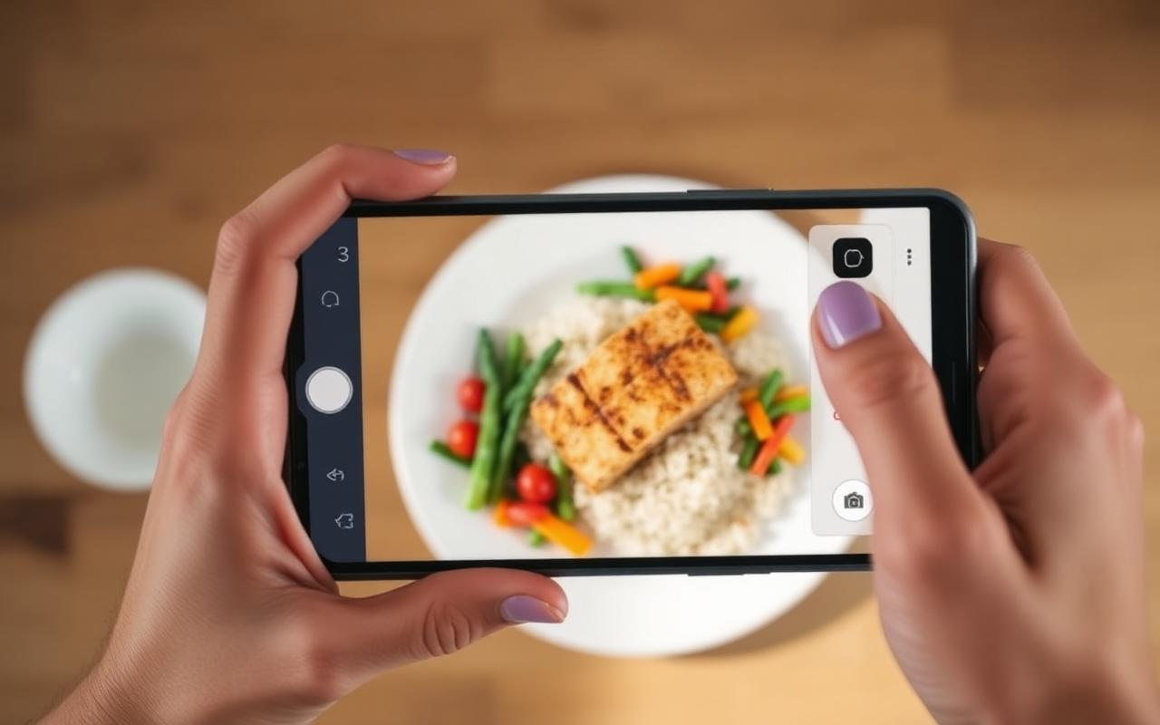 Person taking a photo of a healthy plate of food with a smartphone